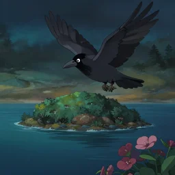 a wholesome animation key shot of a crow flying towards an island in the night, medium shot, studio ghibli, pixar and disney animation, sharp, rendered in unreal engine 5, anime key art by greg rutkowski, bloom, dramatic lighting