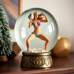 snow globe on mantel has a beautiful blonde female beach volleyball player in bikini holding volleyball inside, depth of field