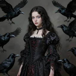 full body portrait of a girl with blue eyes, gentle face, long dark hair, intricate detailed goth dress, among ravens, highly detailed, deep focus, elegant, digital painting, smooth, sharp focus, golden ratio, illustration, ultra realistic, 8 k, art by artgerm, artemisia lomi gentileschi and caravaggio