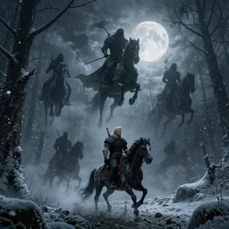 the wild hunt, otherworldly spectres riding in the sky, bad omen, enchanted forest, blizzard storm, fog, full moon, snowy environment, in the style of the witcher series, hyperrealism, breathtaking, award winning, groundbreaking, octane render, unreal 5, intricate digital art, 8 k high resolution