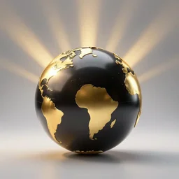 black and golden glossy globe, studio lights, lightrays from behind