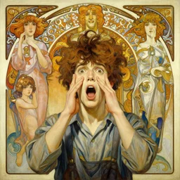 an hyper intricate oil painting of mind blown young man!!!!!, surreal, excellent composition, by yoshitaka amano, by greg rutkowski, by alphonse mucha, by rhads, by ross tran, trending on artstation