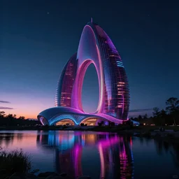 architecture by zaha hadid, tundra neon noir thermal vision darkacademia hyperrealism vaporwave synthwave nature at dawn nightsky lake, archdaily, wallpaper, highly detailed, trending on artstation.