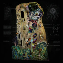hi - tech rna new world order bioweapon monster cutaway diagram by irakli nadar with intricate detailed in a black background, moss and leaves headdress, melting wax, mycelia, abstract impressionism, ruan jia, dark fantasy, hyper detailed, concept art, by gustav klimt, by sue bryce, moody lighting