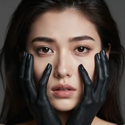 a beautiful woman with black - painted hands on her face, beautiful hair, eyes looking straight, despairing look, detailed face, natural makeup, dark aesthetic