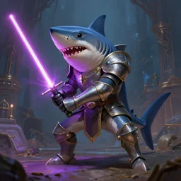 anthropomorphic shark with legs in knight armor, holding lightsaber, fantasy, digital painting, dramatic lighting, vibrant setting, realistic shading, unreal engine 5, concept art, ultra detailed, intricate environment