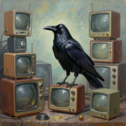 a raven standing amongst 8 0 s era technology, vintage shapes, retro technology, dreamy color, wayne barlow, oil on canvas, deep depth of field, masterpiece, cinematic composition, hyperdetailed
