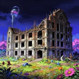 a beautiful detailed anime illustration of unfinished building orphanage architecture nature by salvador dali, dieselpunk retrowave thermal vision gem landscape flowers at night nightvision infrared cgsociety crystal extraterrestial azeroth synthwave, archdaily, wallpaper, highly detailed, trending on artstation.