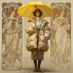 A very tall, slender woman wearing puffy clothes and holding a yellow umbrella, portrait, sharp focus, intricate, elegant, digital painting, artstation, matte, highly detailed, concept art, illustration, ambient lighting, art by artgerm, Alphonse mucha, and Greg Rutkowski