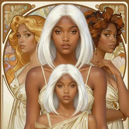 handsome young black women with shoulder length white hair, half body shot, path traced, highly detailed, high quality, digital painting, alena aenami, lilia alvarado, shinji aramaki, karol bak, alphonse mucha, tom bagshaw