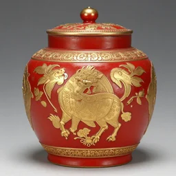 old satsuma jar, handsomely decorated in relief with red and gold