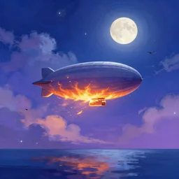 a beautiful illustration of an airship burning in the sky at night, art of alena aenami, featured on artstation, vertical orientation, paint brush strokes, expressionism, brushstroke - laden, breathtaking clouds, birds, ocean, beautiful stars, long exposure, big moon radius, airy midnight theme, blue purple gradient, lens flare, flames and ember