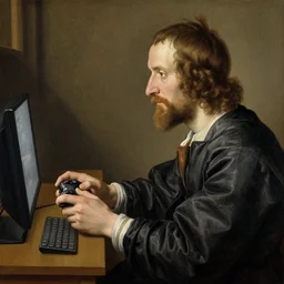 Portrait of a man playing video games. Painting by Albrecht Dürer. Intricate details. hyper realism. Masterpiece.