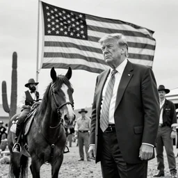 donald trump as clint eastwood squinting at high noon in the style of a clint eastwood movie, the good, horse, cactus, the bad and the ugly, abraham lincoln, clint eastwood, steven seagal, vibe, bud spencer, donald trump, glory days, justice, american flag, patriotism, apple pie, black and white, hyper realistic, detailed, photo, artgerm, trending on artstation