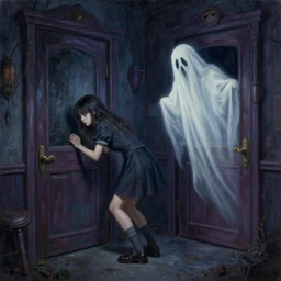 this girl was struggling with the doors in a haunted house so the ghost came to the rescue. painting by henri moret