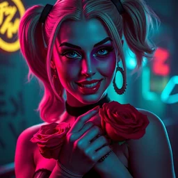 closeup portrait of seductive harley quinn posing, roses, tension, jim lee, frank miller, night club, futurepunk, pinup, nagel, d & d, neon, black paper, vibrant, greg rutkowski,