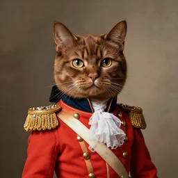 portrait of cute brown cat with serious expression wearing 1 8 th century royal guard uniform, baroque painting, greg rutkowski
