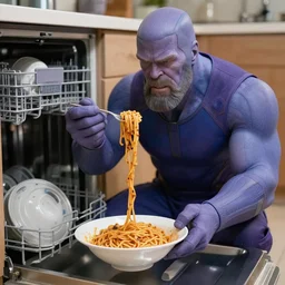 thanos eating spaghetti in the dishwasher