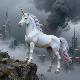 a iridescent unicorn looking off a cliff overlooking a city covered in toxic smog, ultra realistic, concept art, intricate details, highly detailed, photorealistic, octane render, 8 k, fantasy art
