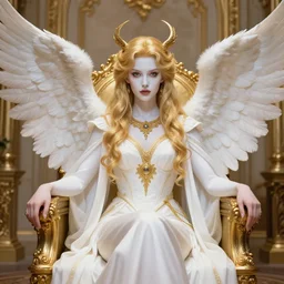 alluring angel on golden throne banquet room portrait, white robes, golden accessories, facial features, golden hair, white skin, lipstick, symmetrical wings, high fantasy, extremely detailed, sharp focus, smooth, digital illustration, by stan lee