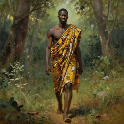 ashanti soldier wearing a toga with african print. he is walking through the forest. romanticist painting