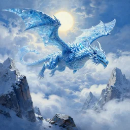 A highly detailed fantasy concept art matte oil painting by Greg Rutkowski and Thomas Kinkade of a huge ancient ice dragon with lots of crystal blue scales, flying through the clouds over some tall snowy and icy mountains with lots of rocks in the early morning with the sun blocked by all the clouds, light blue and dark blue color scheme.