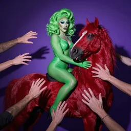 photograph nan goldin only with green drag queen in love with a red stallion too many hands in all directions chiaroscuro intricate composition purple insanely quality highly detailed masterpiece dynamic shadows blue light