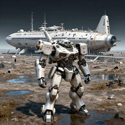 hyper realistic render of heavy hard surface mecha starship staying in front of soviet era 1 9 6 0 s modern lunar largest research complex facility located in the foothills, puddles of water, by greg rutkowski and vitaly bulgarov, ivan shishkin, volumetric lighting, sharp focus, halo, hyper detailed, digital art, trending in artstation, unreal engine 5 rendered, cryengine