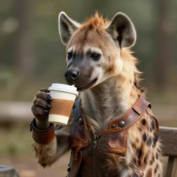 A female humanoid hyena with leather clothes drinking coffee, unreal engine, 4k, artstation