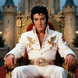 photograph of elvis as king of the world, sitting on his throne in his castle, reflective eyes, highly detailed, sharp, in focus