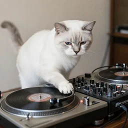 a white and gray Turkish Van cat DJing on turntables and a pioneer mixer