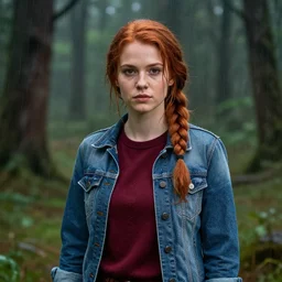 an insanely detailed realistic depiction of beautiful jodi from stardew valley standing in the rainy forest wearing burgundy sweater under denim jacket, auburn hair, pretty brown eyes, french braid, in the style of peter mohrbacher, artgerm, dramatic lighting and composition, octane render, trending on artstation, concept art 8 k