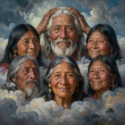 faces of indigenous amazonian grandfathers and grandmothers spirits in the clouds, smiling, protection, benevolence, ancestors, detailed faces, symetrical, religious painting, art by christophe vacher and alex gray