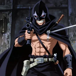 a shot of a grim reaper as gunsliger man in trigun anime, movie shot, anime, hightly detailed, rescalated 4 k, detailed