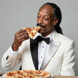 photograph of snoop dogg in a white tuxedo eating pizza