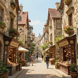 a busy fantasy street within a fascinating old city, quirky shops, narrow streets, old buildings, by Sylvain Sarrailh,  cinematic, simple but effective composition, clean lines, beautiful digital painting, oil painting, detailed,  dungeons and dragons, lord of the rings