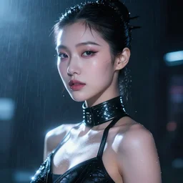 facial portrait of a korean blade runner ballerina fashion model with beautiful makeup, dark cyberpunk background, lens flare, rain, deep focus, d & d, intricate, elegant, highly detailed, photo, artstation, blade runner, 8 k, sharp focus, unreal engine 5, global illumination, radiant light