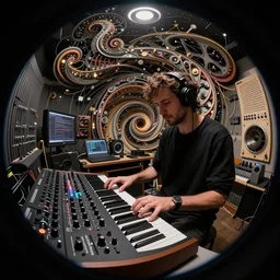 a fisheye lens photo of a isabelledeltore as dj tweaking and playing synthesizers in the most complicated and technical spiral fractal musical studio, powerful, cinematic, beautifully lit, by donato giancola, by artgerm, by karol bak, 3 d, perfect face and body, trending on artstation, octane render, 8 k
