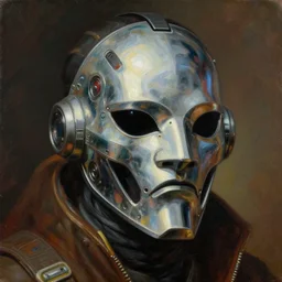 baroque neoclassicist close - up portrait of a cyberpunk warrior wearing a retrofuturistic reflective oni mask. highly detailed science fiction painting by norman rockwell, frank frazetta, and syd mead. rich colors, high contrast, gloomy atmosphere. trending on artstation and behance.