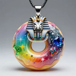 an extremely high quality hd photo of a zebra tutankhamun monarch fused glass donut pendant in complimentary colors, polymer clay, skinner blend, rainbow gradients, jello, xray, starburst, sapphire, candy, transparent, gallery studio sculpture 8 k