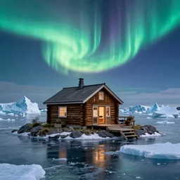 a subartic island with a log cabin surrounded by icebergs with Aurora borealis ultra realistic 8k bordering on artstation