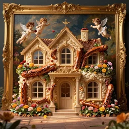 a house with walls made out of cheeto's, flowers around the cheeto's, cherubs in the air, a painting in the baroque style, a painting in the rococo style, ornate golden frame