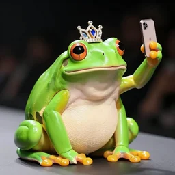 green tree frog with a tiara taking a selfie on a fashion show