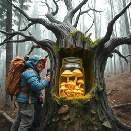 four brave explorers find a jar of magic mushrooms hidden away in a dead tree