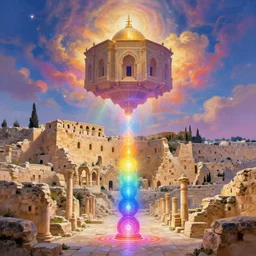 spiritual chakra energies in the huge ruins of the second temple in jerusalem, dreamy sky, the third temple hovers quietly hiding in the sky above, very colorful painting 8 k trending on art station, intricate superb details, digital art, cinematic lighting, volumetric lighting, photographic, blur bokeh defocus dof sky by afremov, award winning masterpiece.