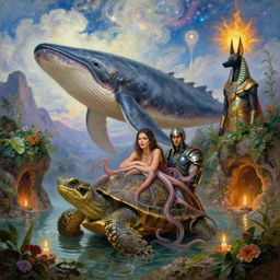 fantasy fairytale portrait, hybrid great leviathan, cybernetic turtle, cephalopod terrapin, reptilian pachyderm, raptor squid, symbiotic hybrid, bella hadid, milla jovovich, anubis - reptilian, warrior, solar flare cozy, hot springs hidden cave, candlelight, natural light, lush plants and flowers, spectacular mountains, bright clouds, luminous stellar sky, outer worlds, william - adolphe bouguereau, michael cheval, oil painting, michael whelan, hd,