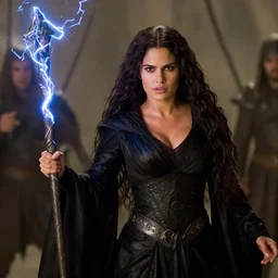 epic photo of salma hayek as beautiful medieval sorceress with very long black hair wearing a black satin robe and metal belt, battle scene, holding her wizard staff electricity emanating from it, sweaty, in the film lord of the rings, movie still, cinematography by david fincher