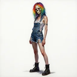 full body pose, mixed media painting of a grungy skull woman with rainbow hair, soft eyes and narrow chin, dainty figure, torn overalls, short shorts, combat boots, basic white background, side boob, wet tshirt, wet, raining portrait, extremely hyper - detailed, intricate, epic composition, very detailed, masterpiece, stunning,