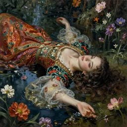 artistic painting, drowned medieval princess, ophelia, wearing ornate robes, beautiful eyes and lips, floating supine in a forest pond, flowers, art by artgerm and wlop and brom, highly detailed, 8 k, cinematic, digital painting, sharp focus, illustration, masterpiece