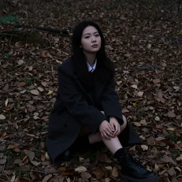 young female on the ground in a forest mostly covered by dark leaves